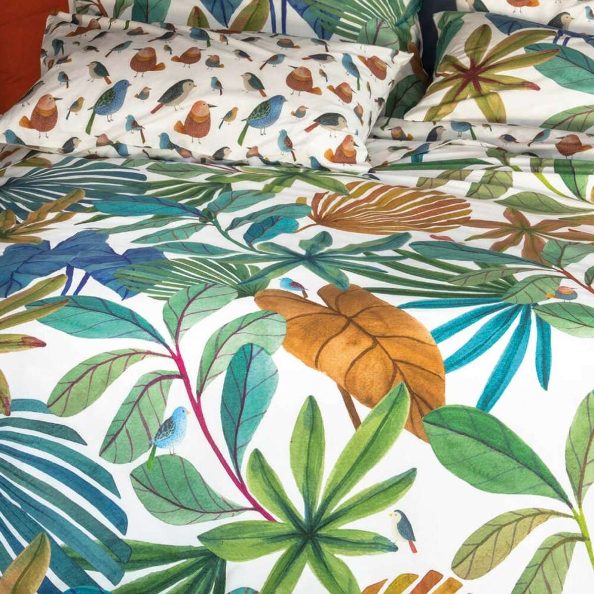 Immagine del prodotto Completo Letto Matrimoniale Mindo Leaves in Percalle di Cotone | Tessitura Toscana Telerie
