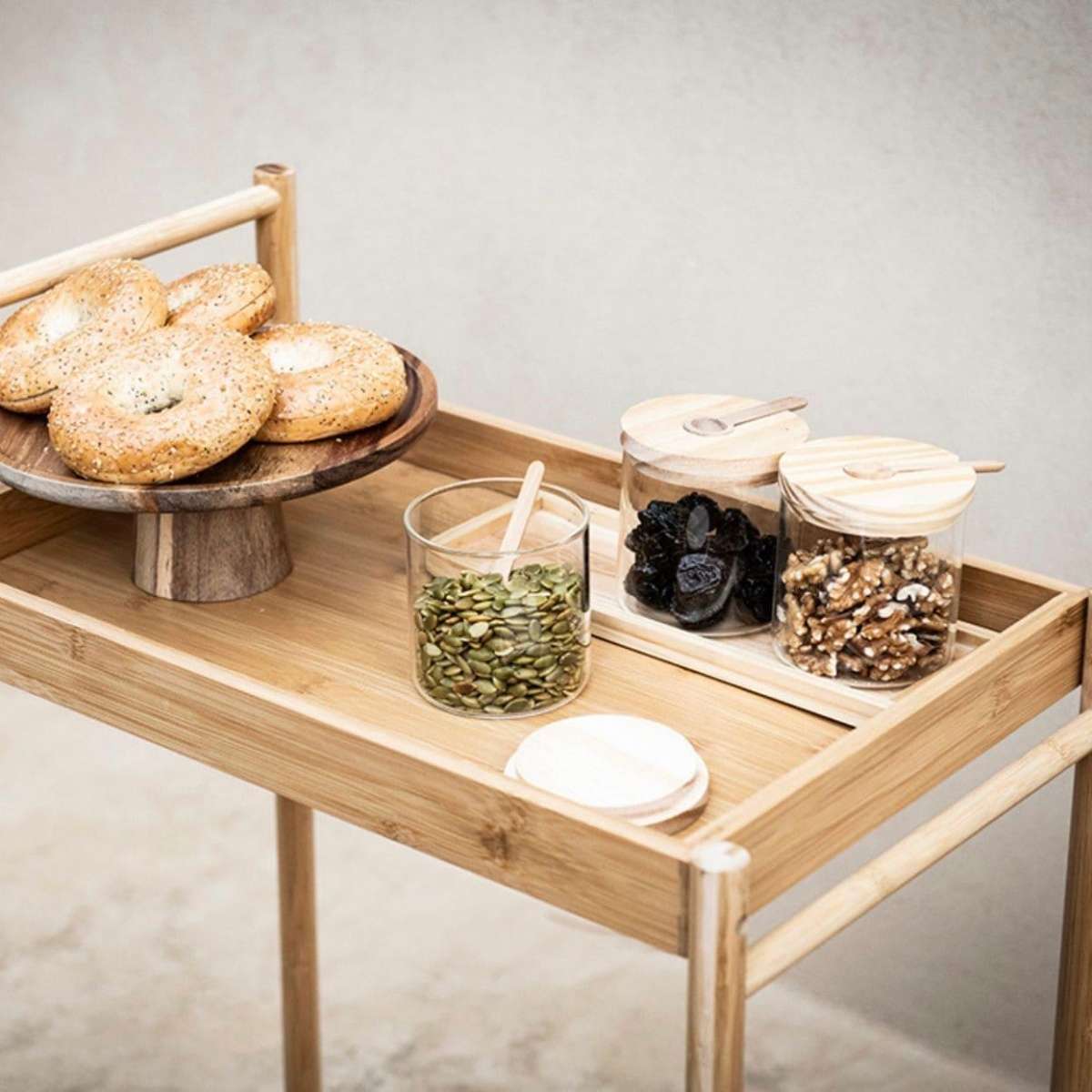 Immagine del prodotto Set 3 Contenitori Portaspezie in Vetro con Vassoio in Legno | A. House